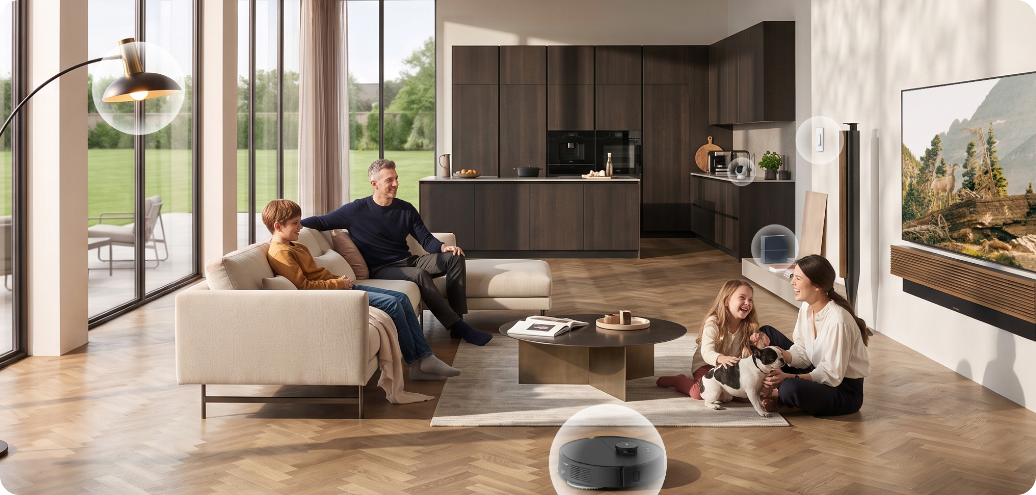 A family enjoying a connected home with smart devices