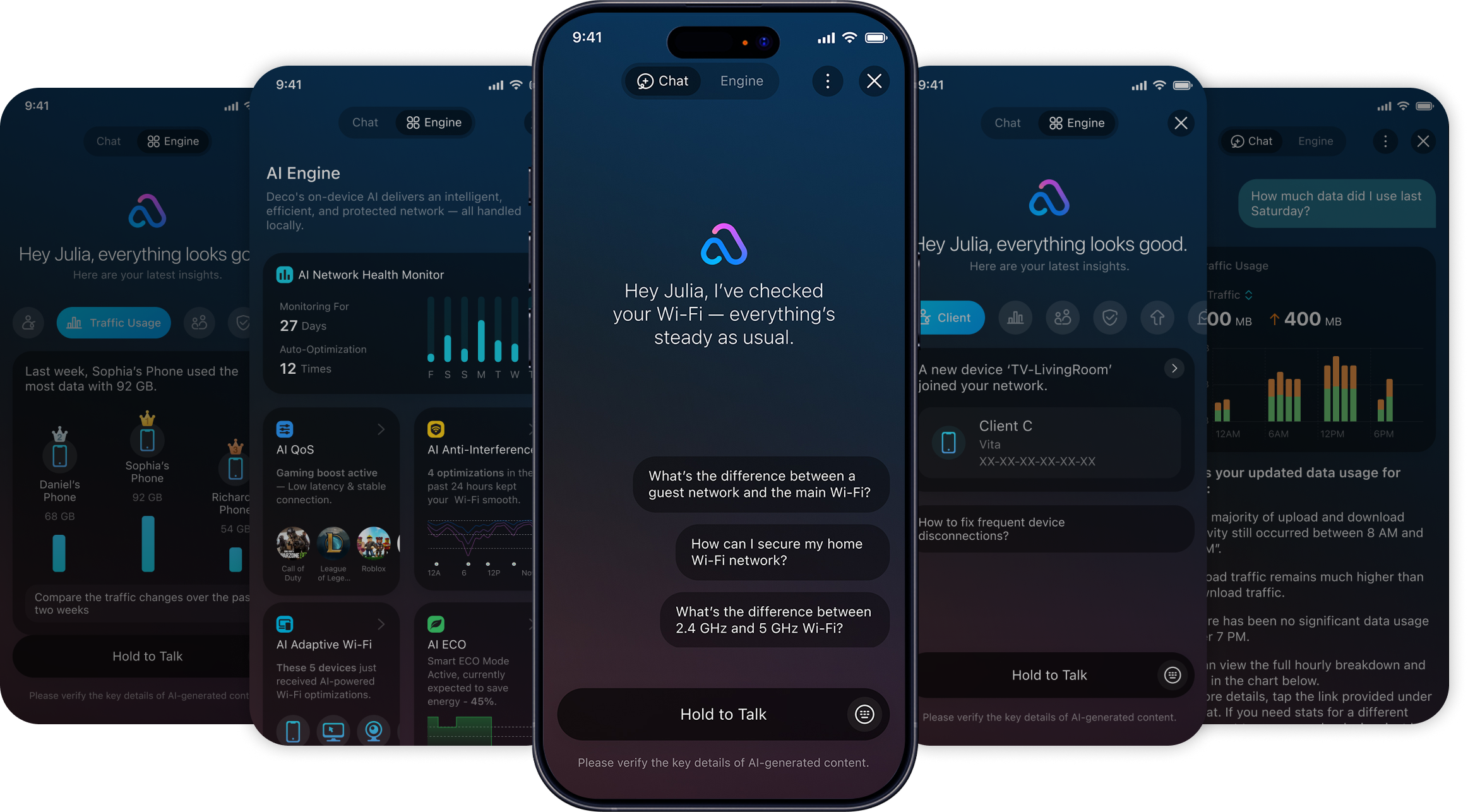Aireal app interfaces showing network insights, AI Engine, assistant chat, connected devices and traffic usage