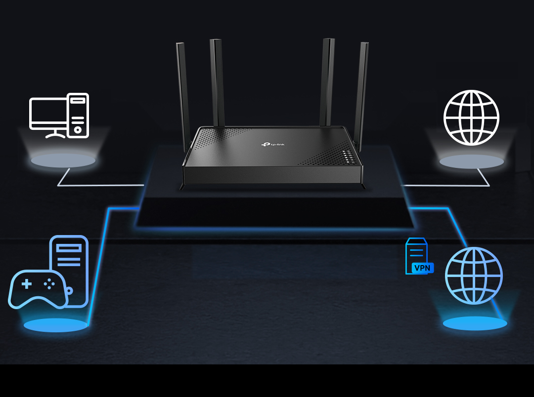 Archer BE225 cihazları hem normal internet bağlantısı hem de şifreli VPN bağlantısı üzerinden yönlendiriyor