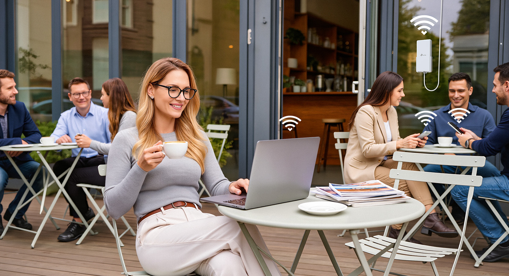 Eine Frau verrichtet Arbeiten vor einem Café