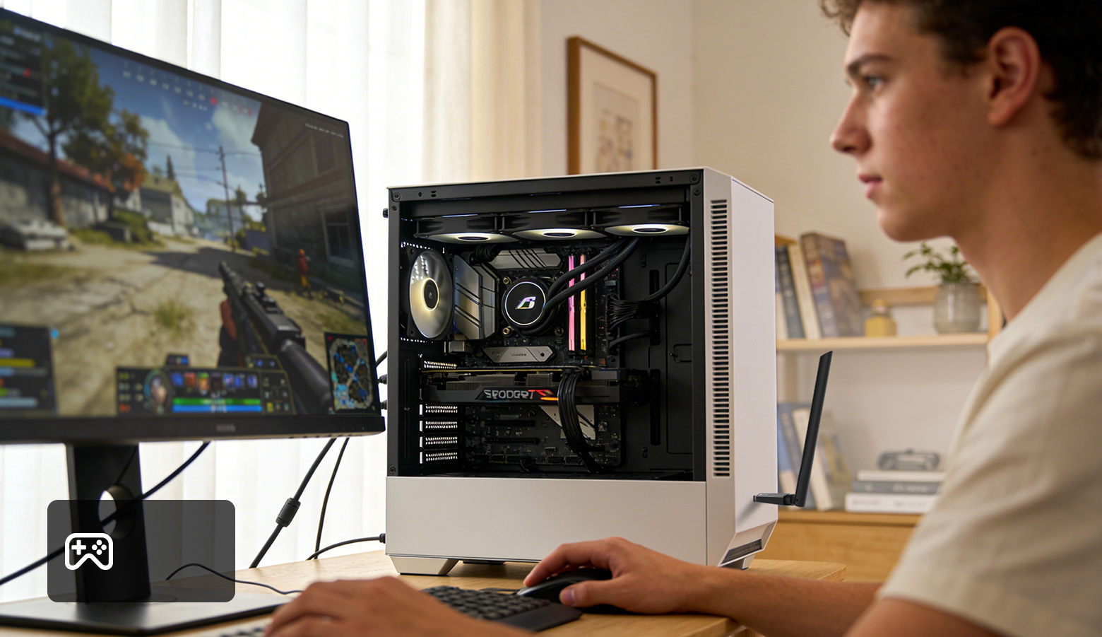 man gaming on a PC at home