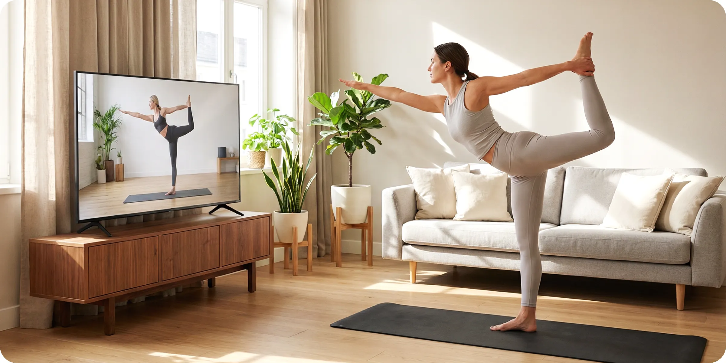 A fit woman exercising with a tv instructor