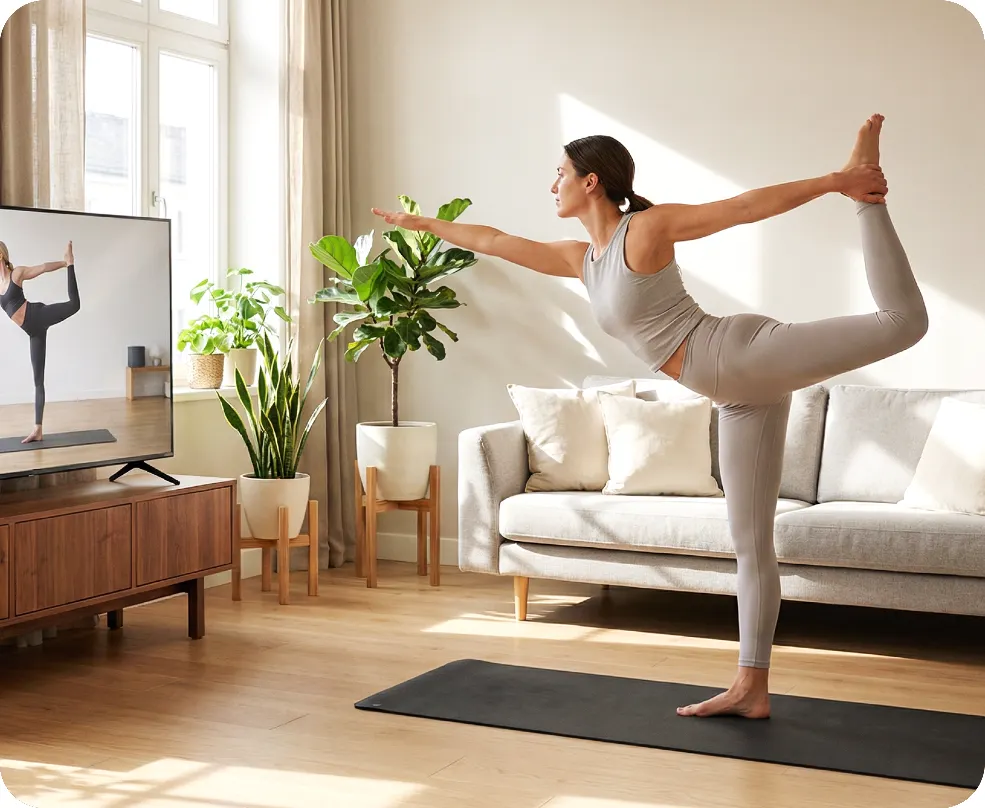 A fit woman exercising with a tv instructor