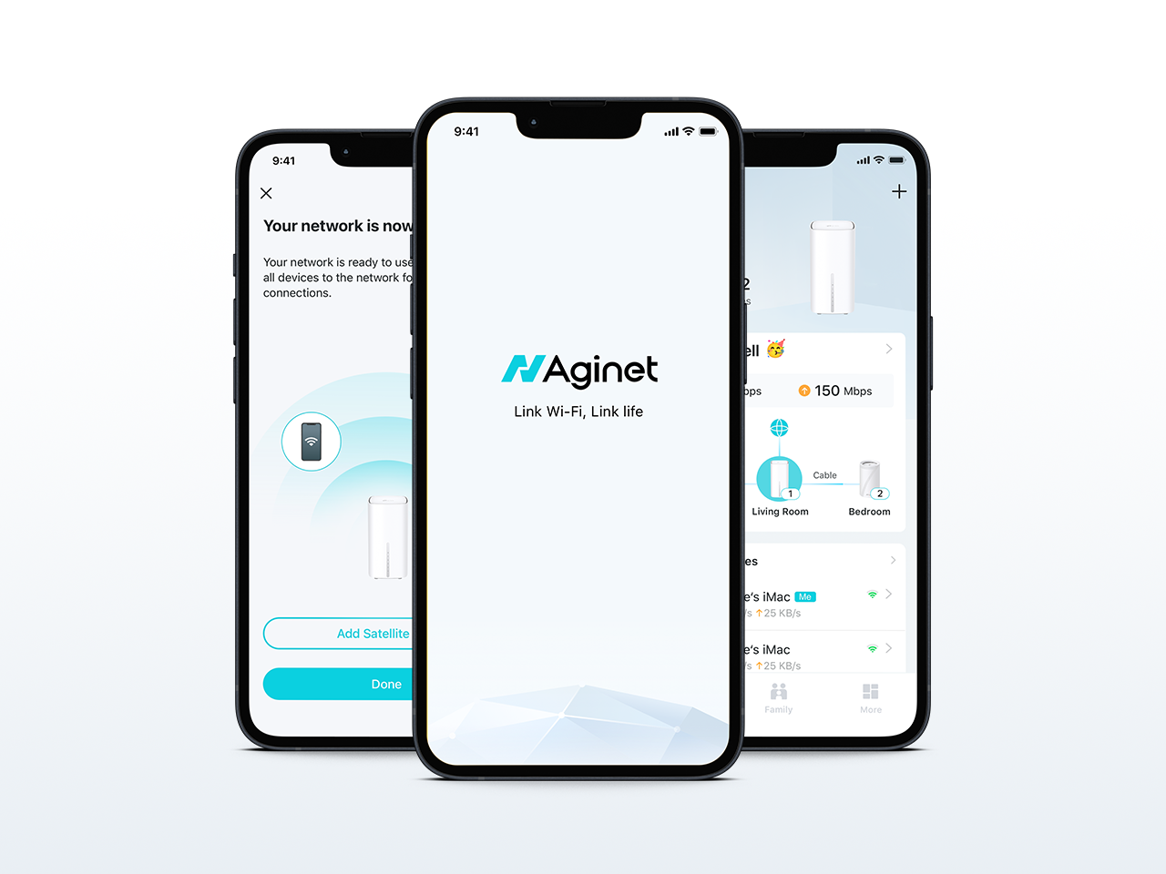 Aginet app screens on three phones