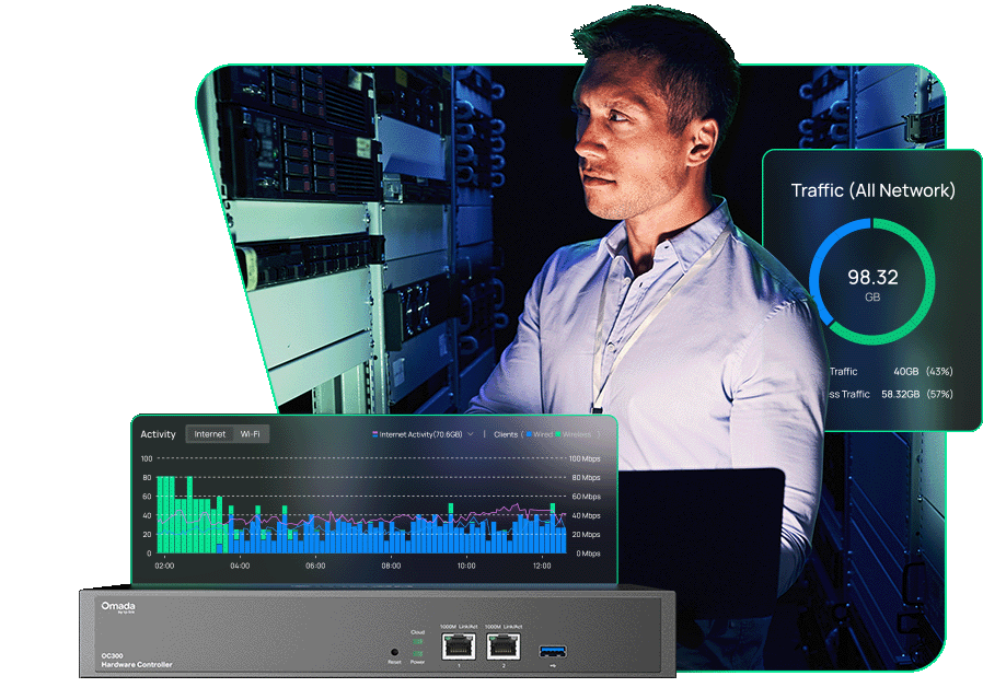 Collage of a man holding a laptop and several popup windows