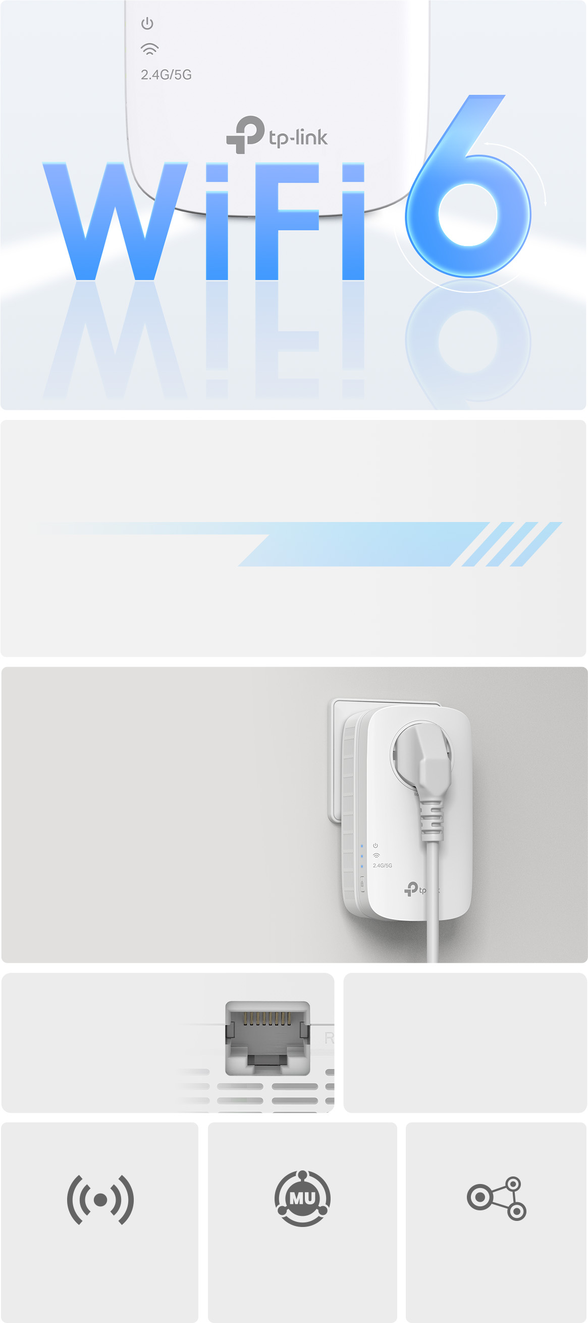 RE600X feature overview showing Wi-Fi 6, AX1800 speeds, passthrough outlet, gigabit Ethernet, dual band, MU-MIMO, and EasyMesh.