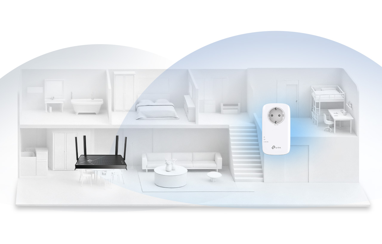 A cutaway home showing overlapping Wi-Fi coverage from a router and the RE600X range extender.
