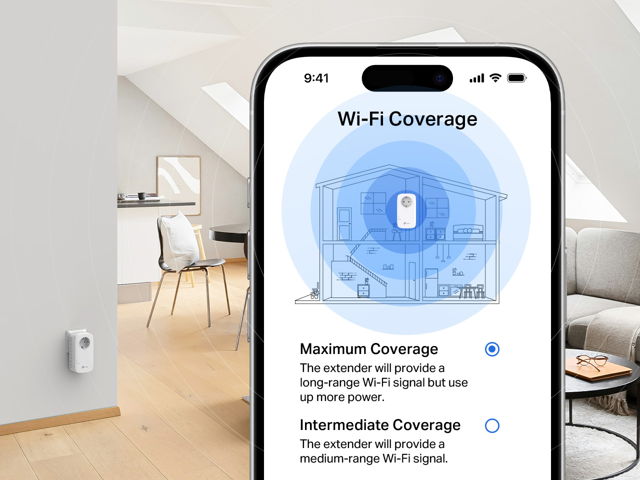 Tether app showing Wi-Fi coverage strength settings beside the RE600X in a living room.