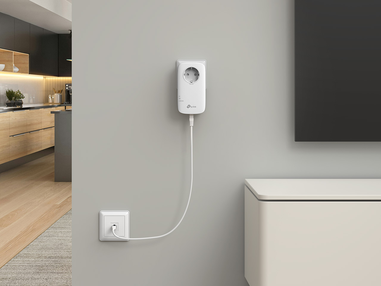 RE600X connected by an Ethernet cable to a wall port for access point mode.