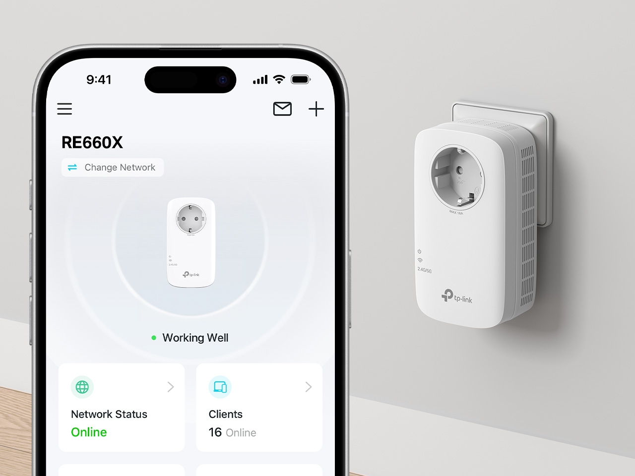 The TP-Link Tether app managing an RE600X range extender, shown beside the product.