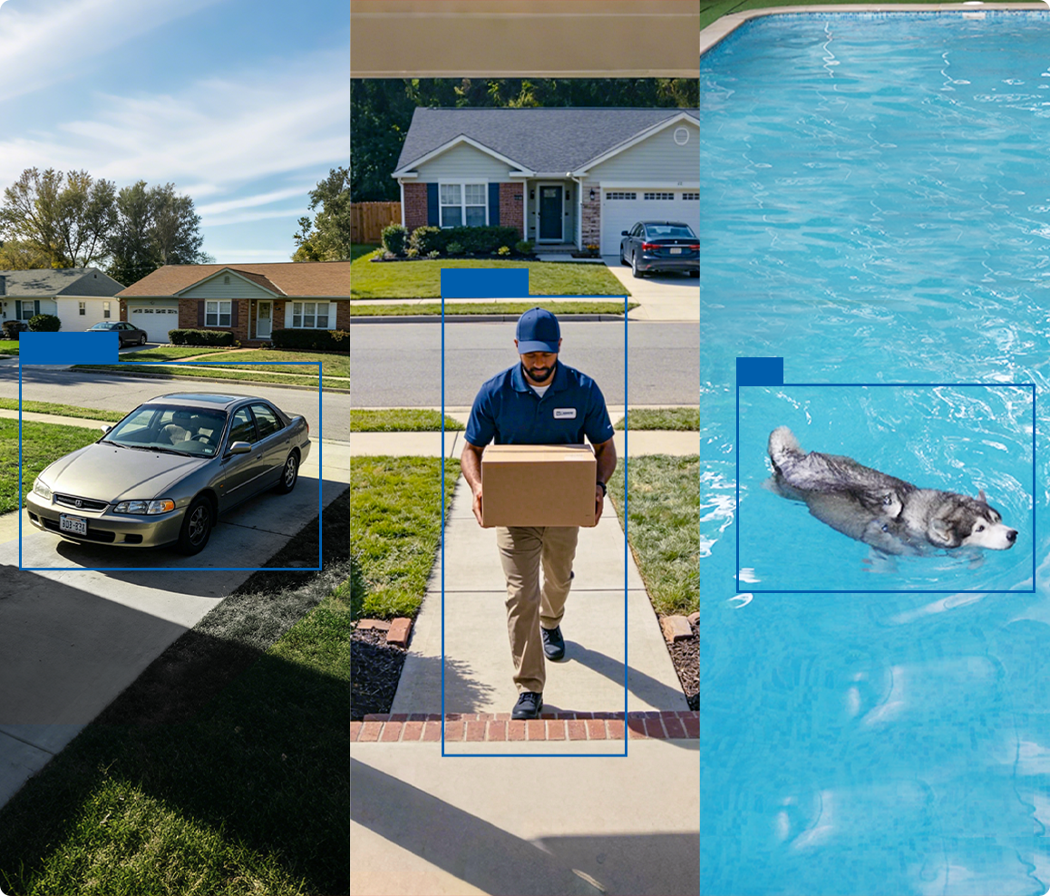 three scenarios side by side of objects detected by AI