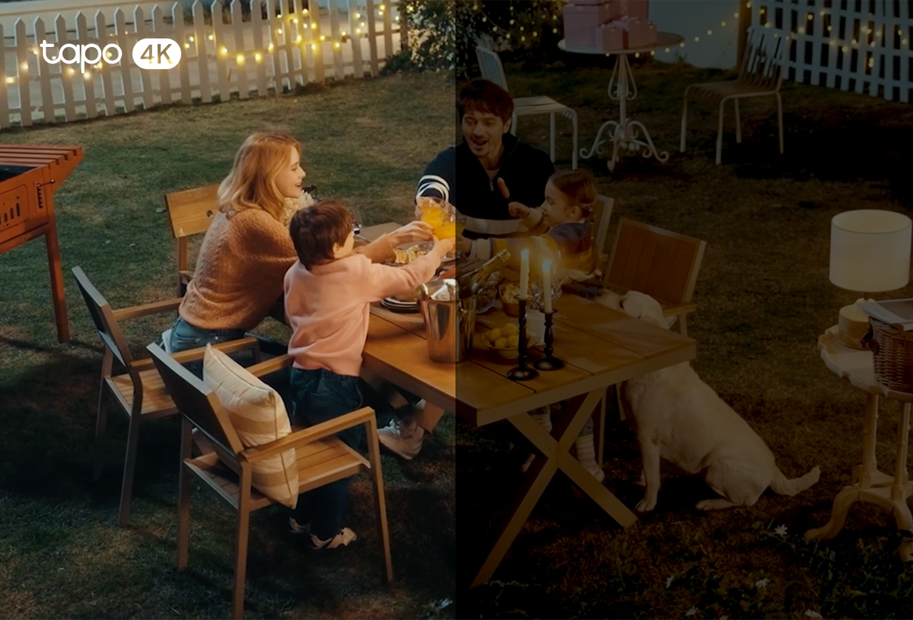 comparison of a camera recording a family eating outside at night with different sensors