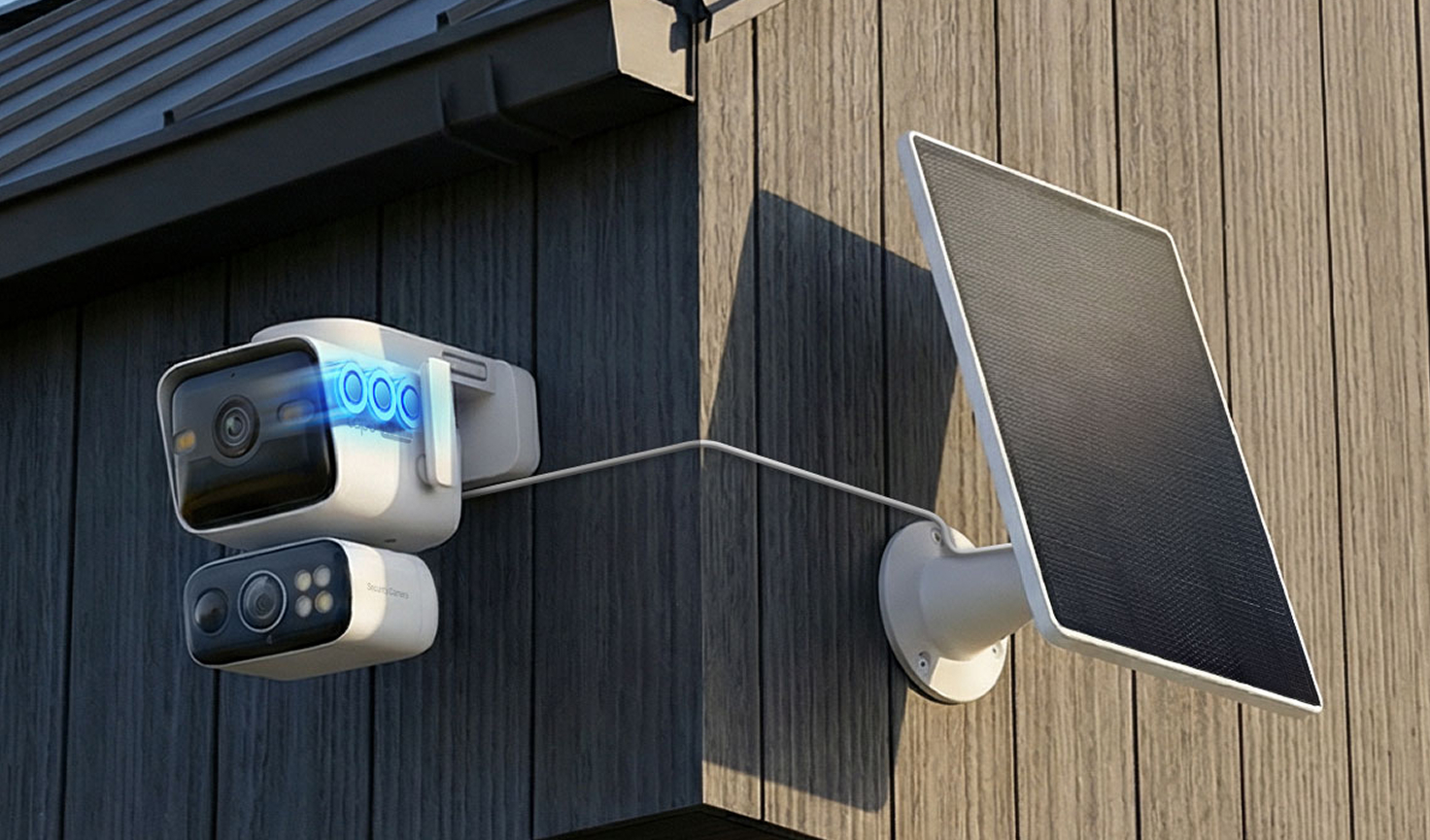Security camera connected to a solar panel