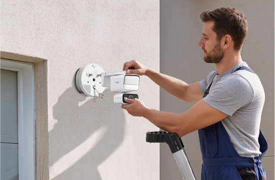 man installing a security camera with a junction box