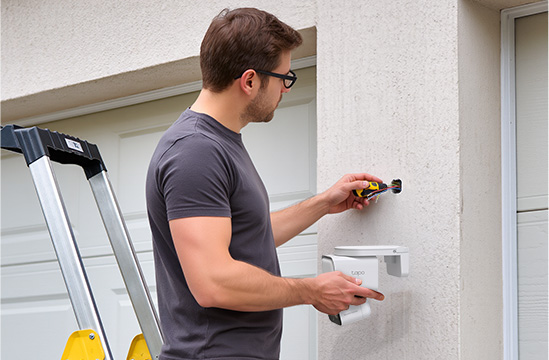 man connecting a security camera to wires