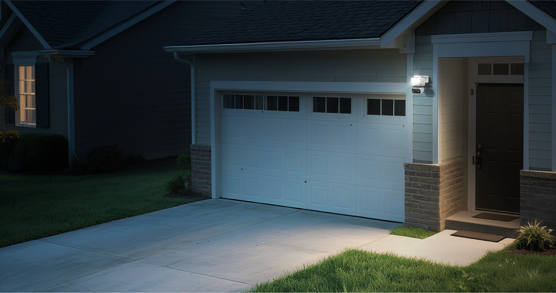 birdeye view of a man walking onto a driveway at night