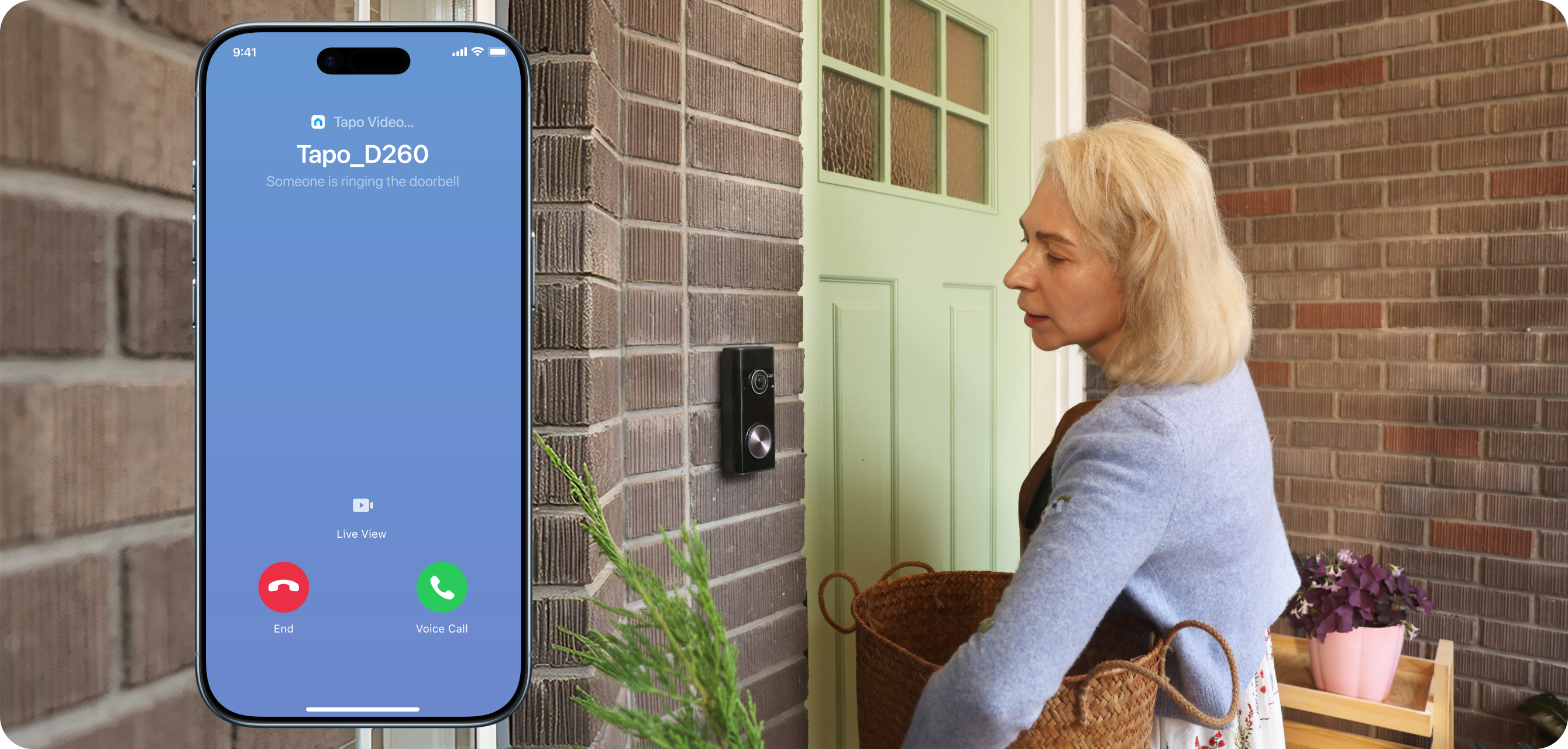 Tapo D260 doorbell call shown on a phone beside a front door