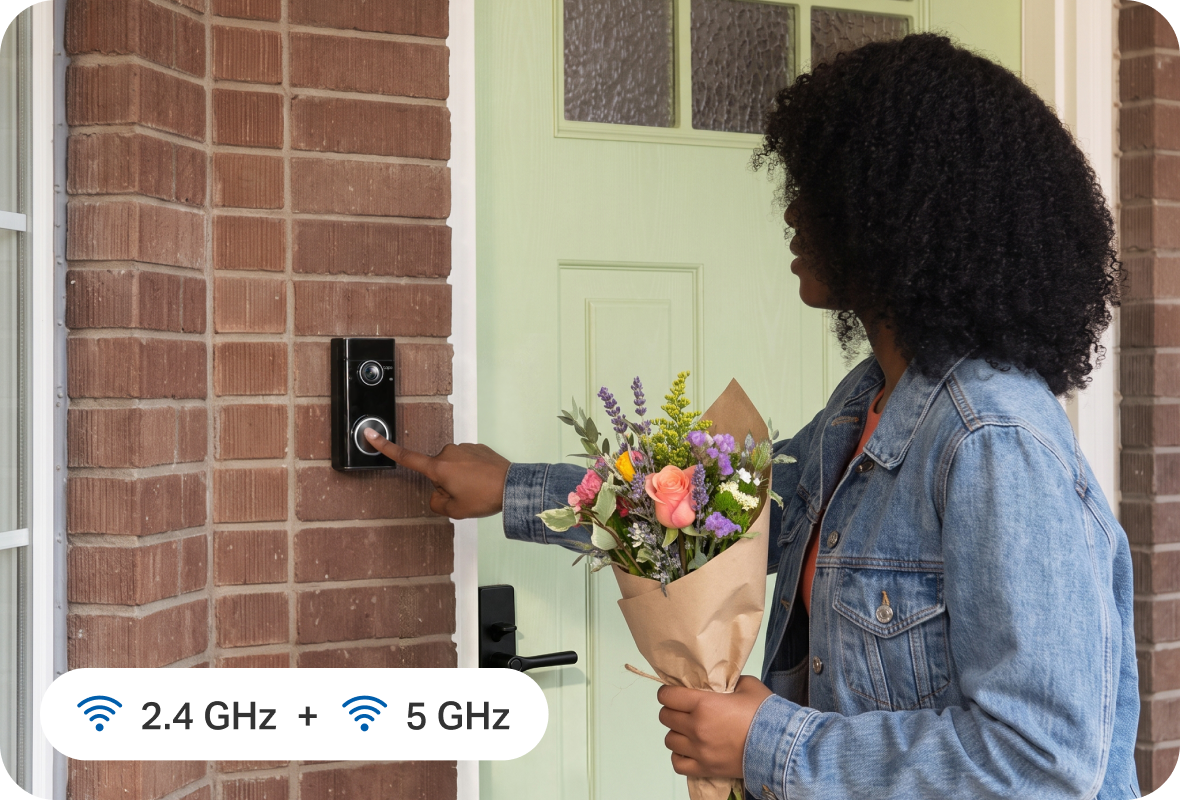 Tapo D260 doorbell beside a visitor with dual-band Wi-Fi