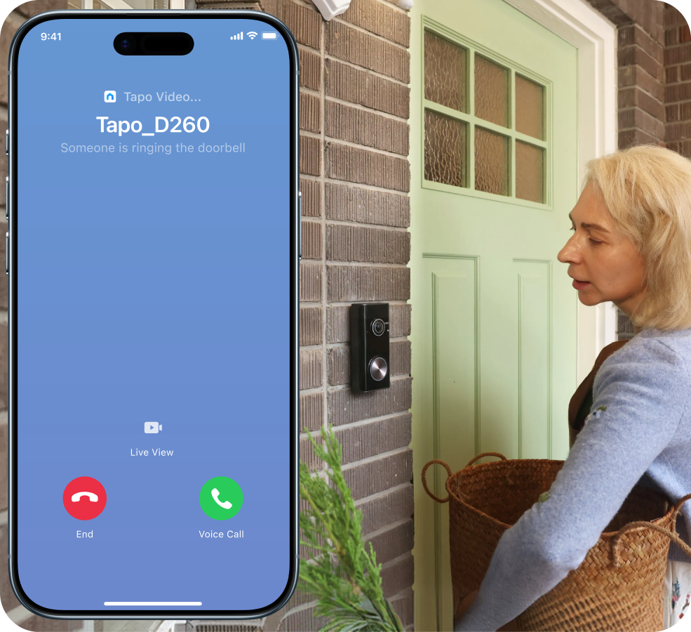 Tapo D260 doorbell call shown on a phone beside a front door