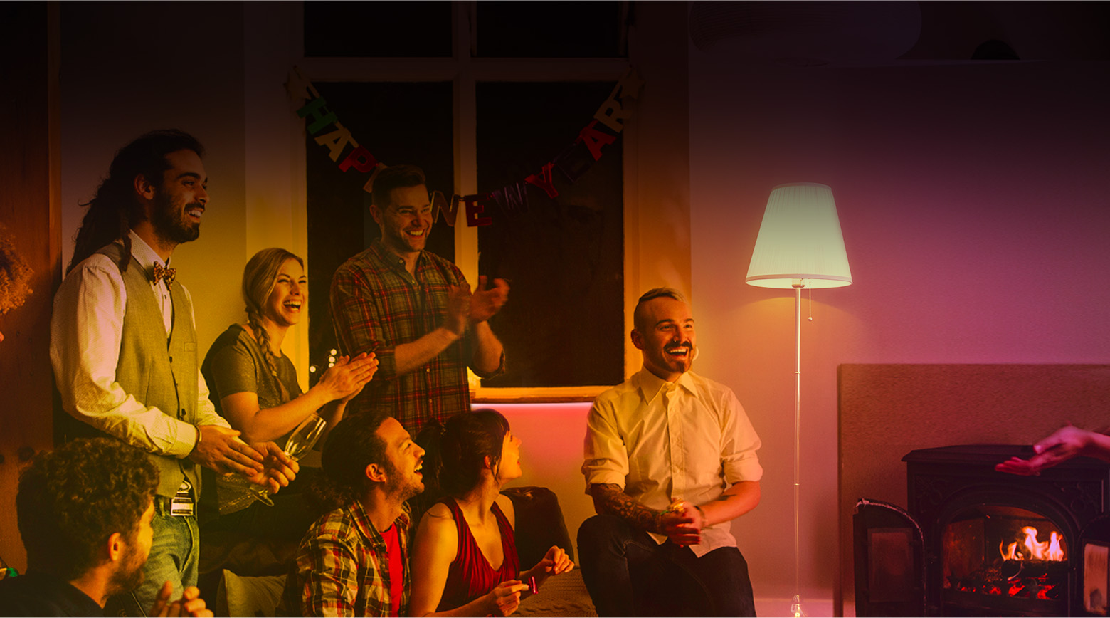 Living room party with colored lighting