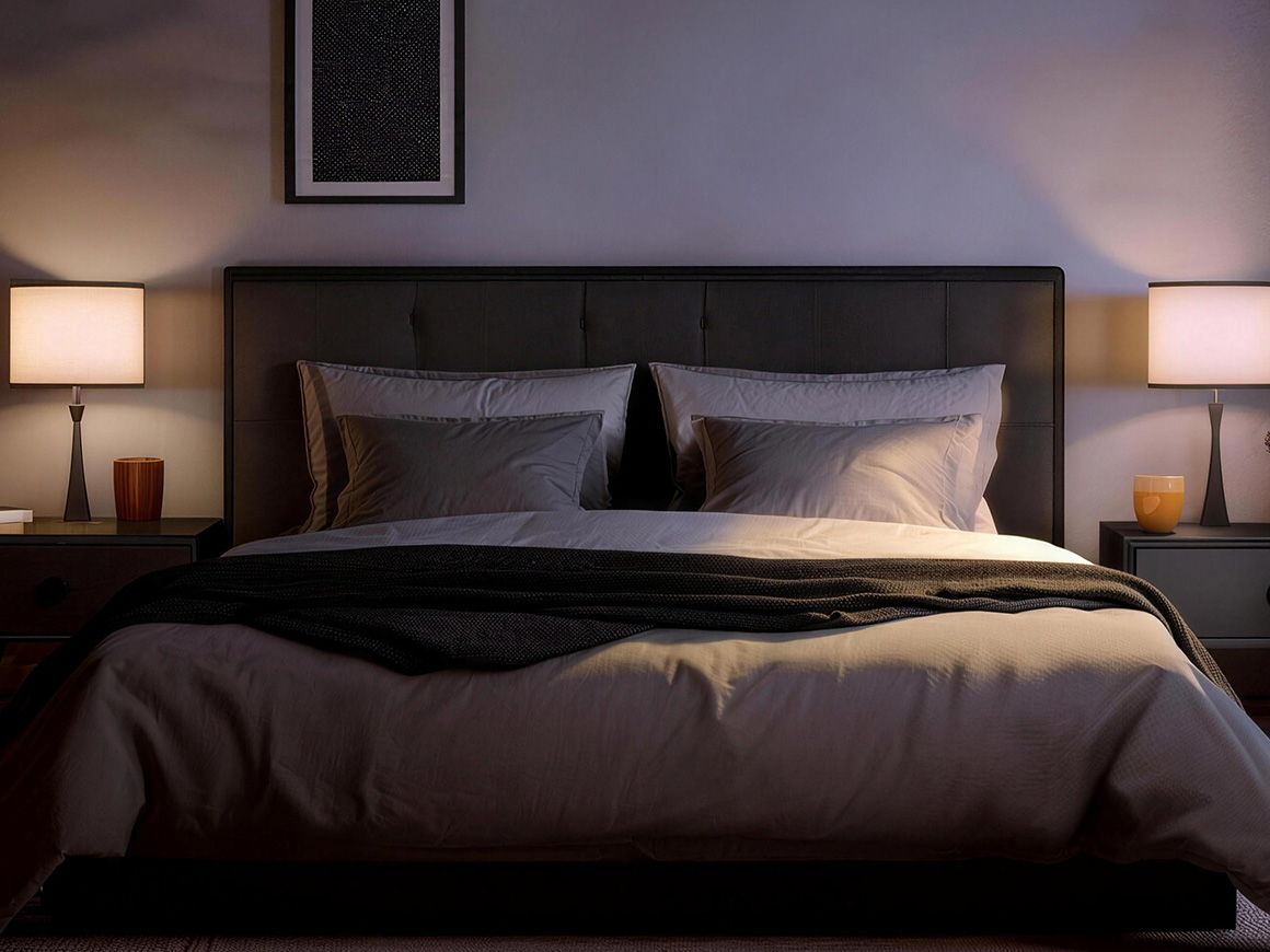 Bedroom lit with two lampstands