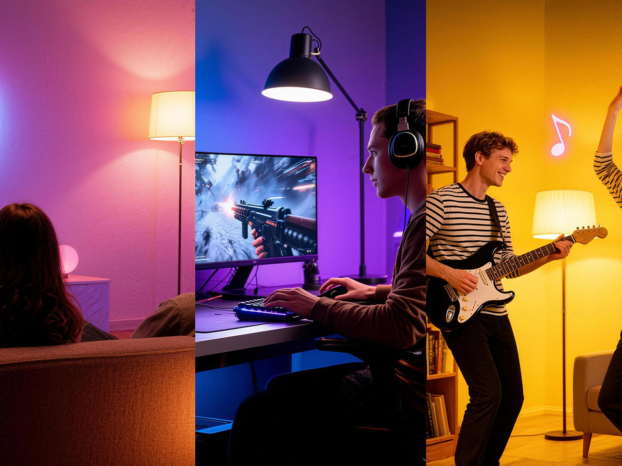 Different situations of audio from a movie, computer game, and playing a guitar.