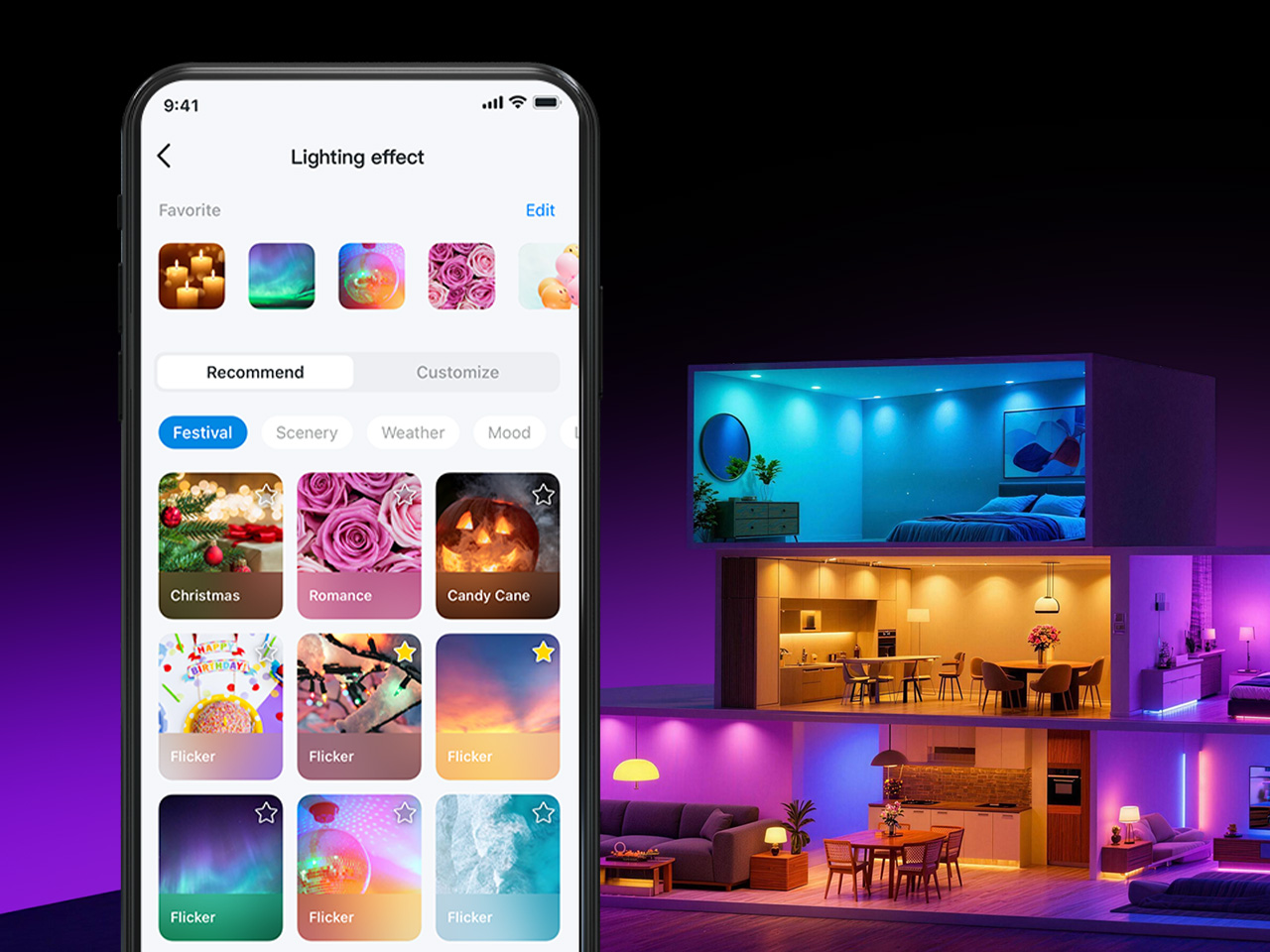 Phone displaying different lighting effect options