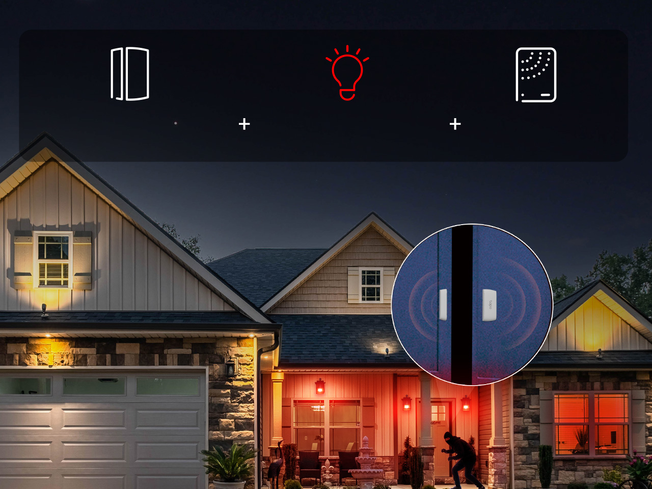 Red house lights with an intruder in front of the door