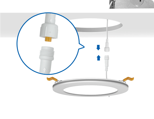 Align the arrow symbols on the hardwire box connector and the downlight connector to connect them, then screw the nut to tighten.