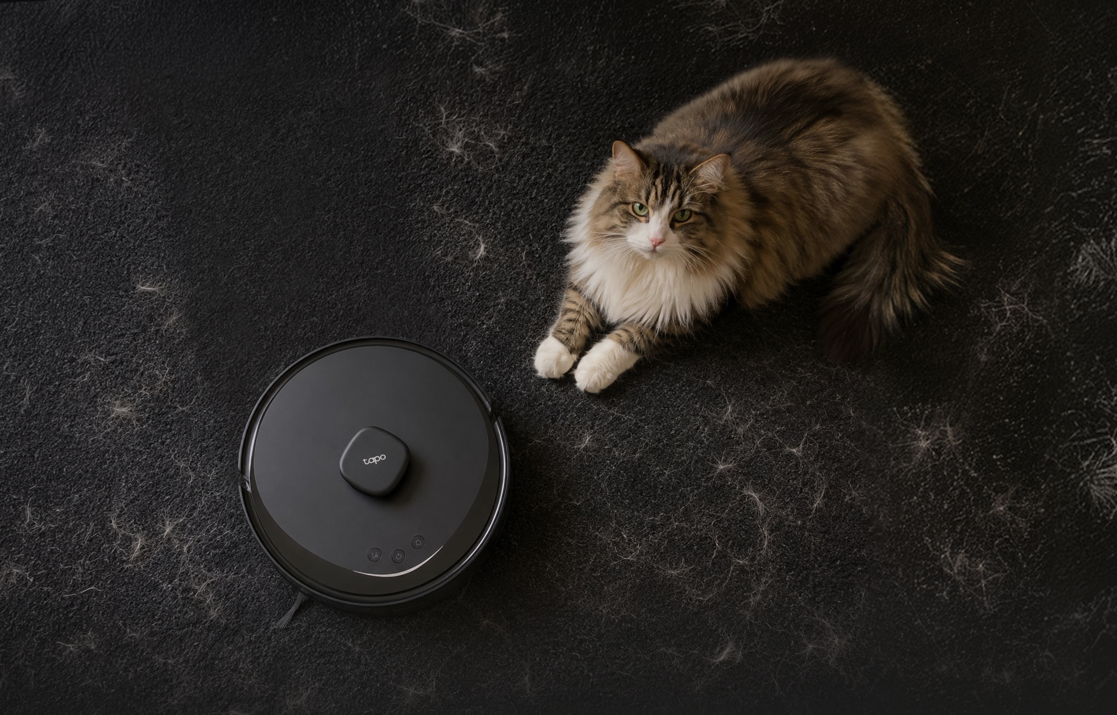 Tapo RV30 Max Plus Gen 2 robot vacuum beside a long-haired cat on a dark floor