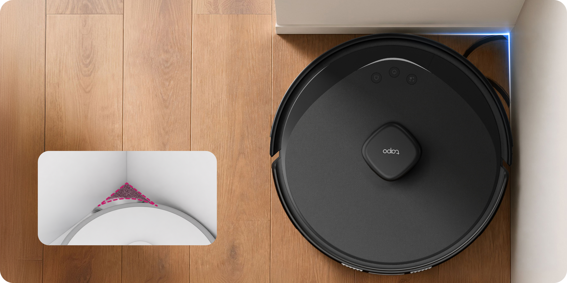 Tapo RV30 Max Plus Gen 2 cleaning along a room edge