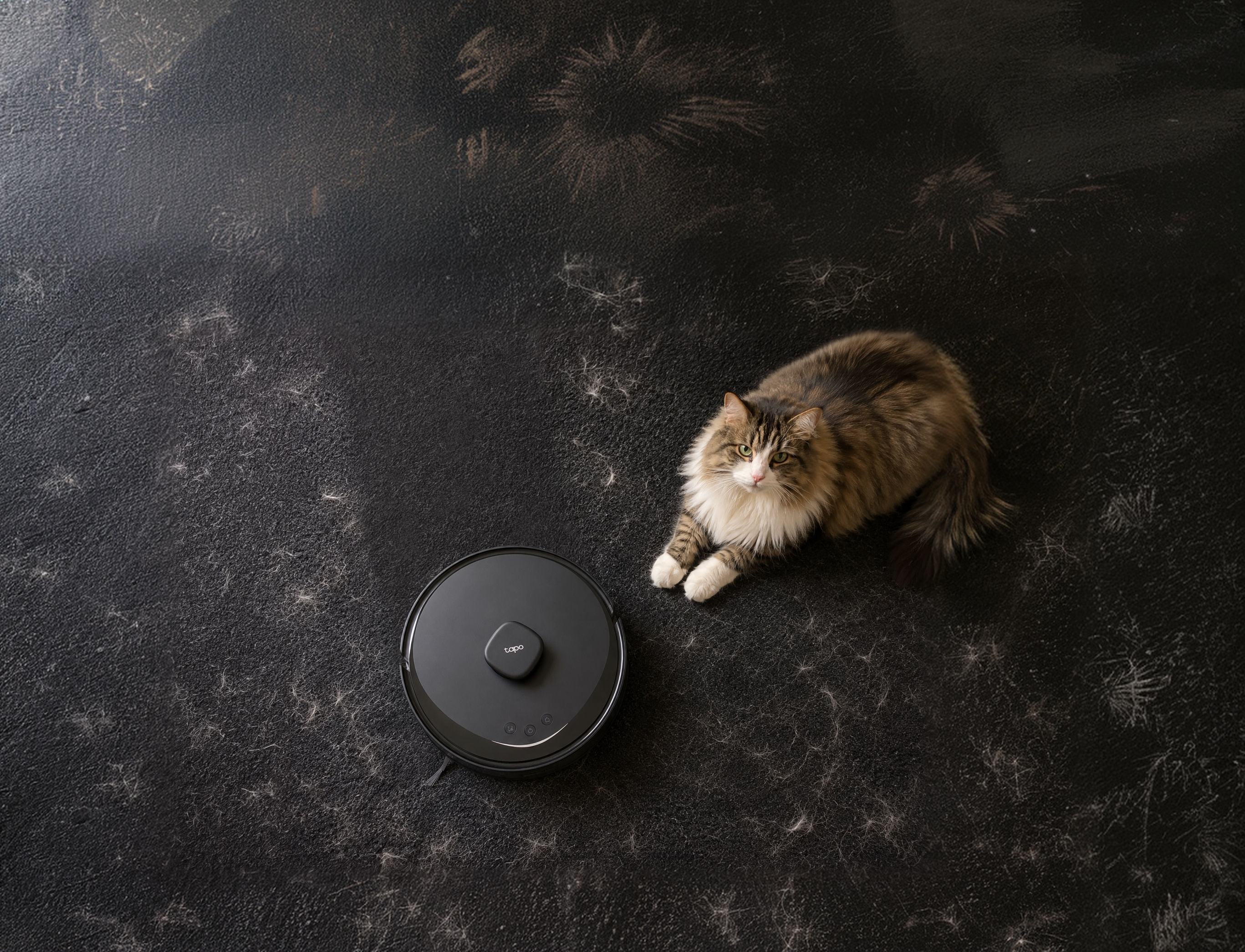 Tapo RV30 Max Plus Gen 2 robot vacuum beside a cat on a dark floor