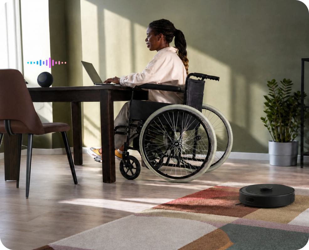 Person using Alexa voice control with Tapo robot vacuum nearby