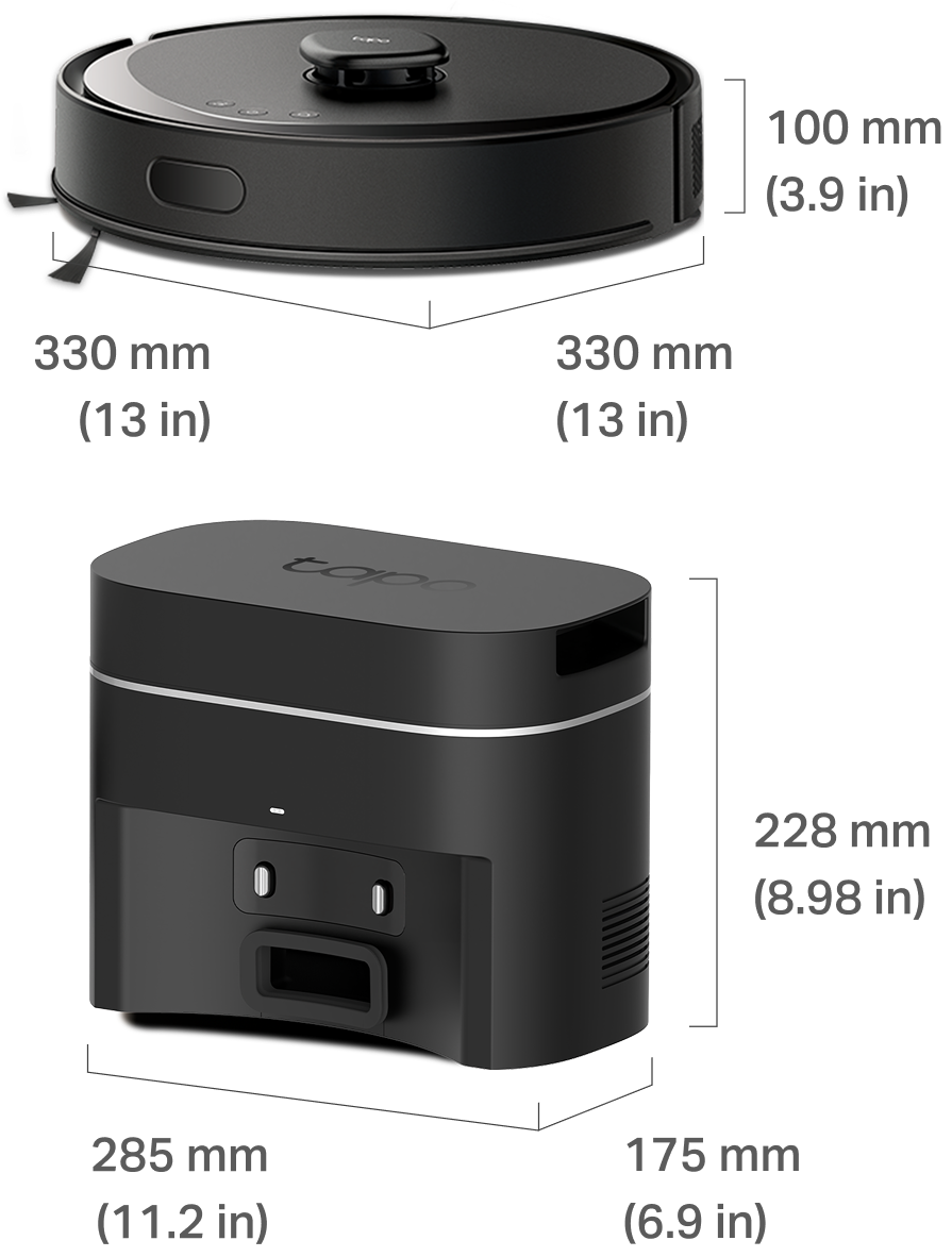 Dimensions for Tapo RV30 Max Plus Gen 2 robot vacuum and auto-empty dock