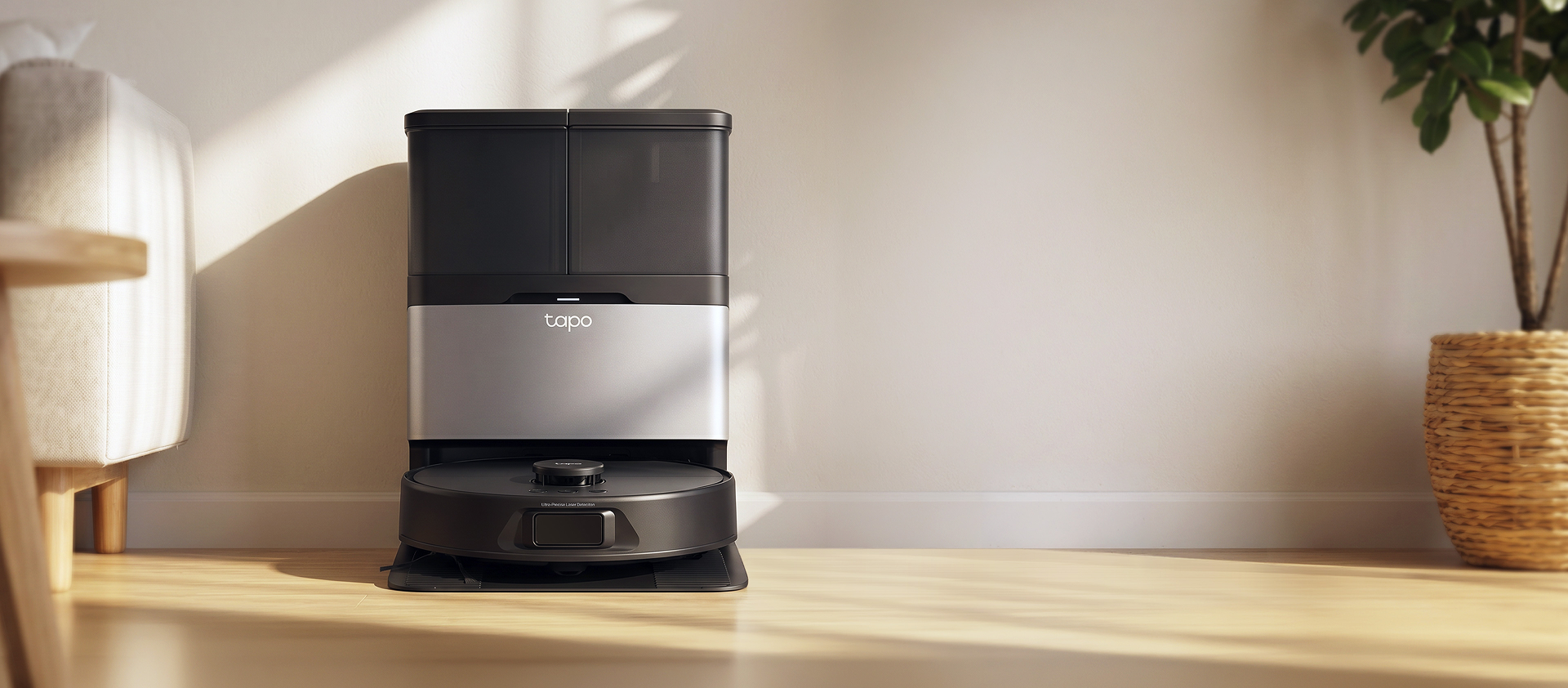 Tapo RV50 Pro Omni docking station in a living room