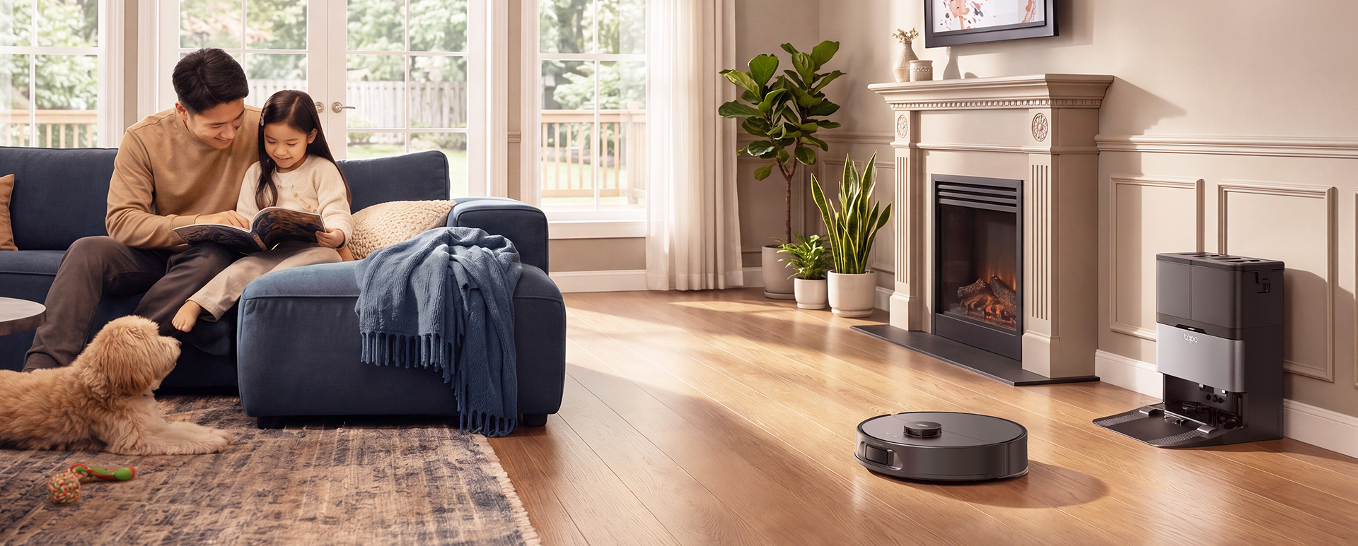 Cat watching a Tapo robot vacuum clean a wood floor