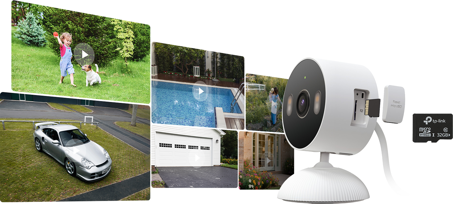 Collage of saved recordings behind a security camera and microSD
