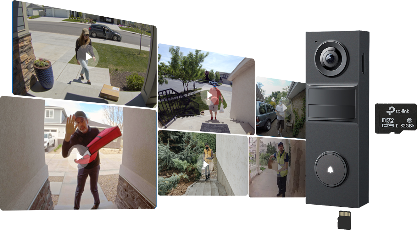 Collage of saved recordings behind a security camera and microSD