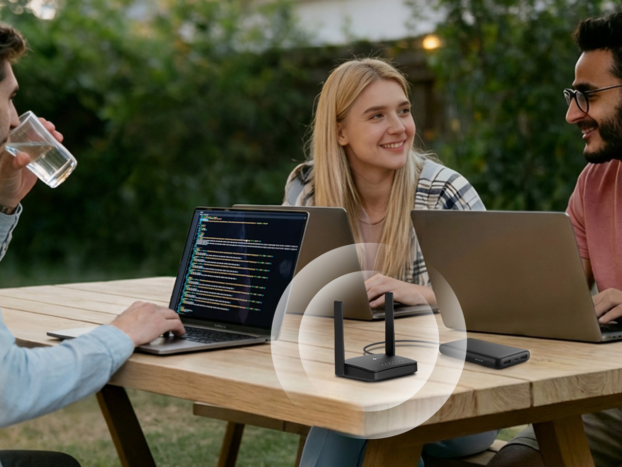 Group of people using their devices together outdoors