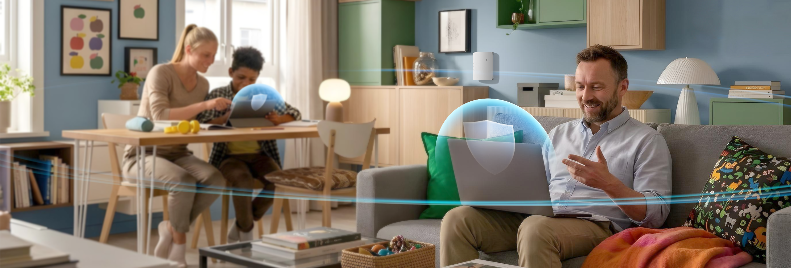 Familie mit vernetzten Geräten, geschützt durch die Sicherheitsfunktionen der TP-LinkBox 7