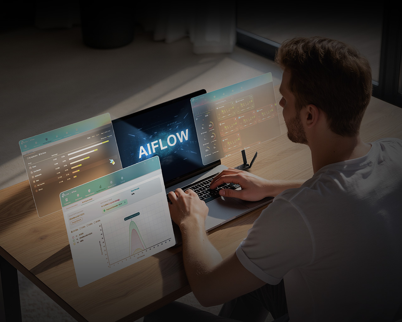 Man using a laptop with multiple windows open