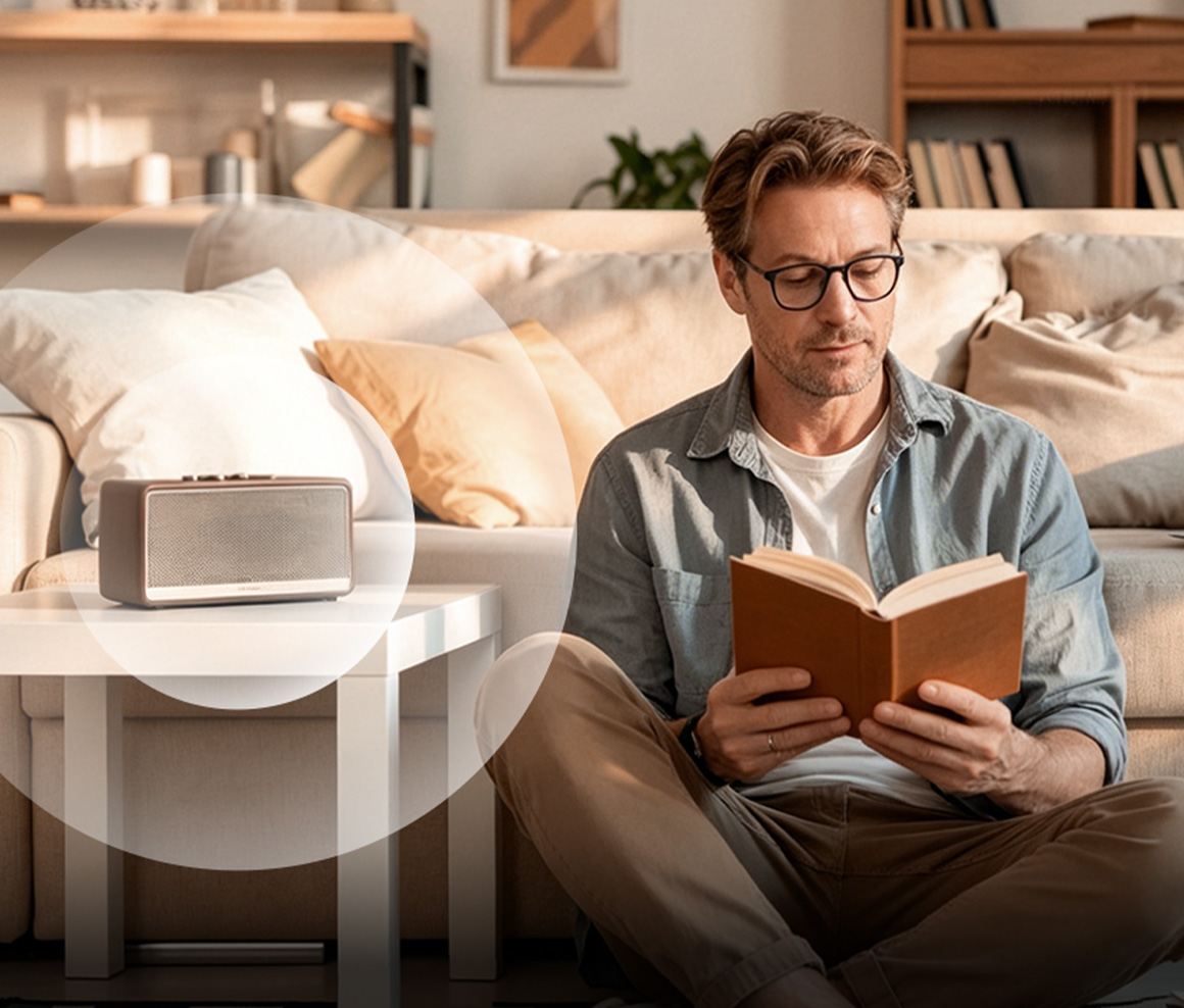 Radio playing music in a living room